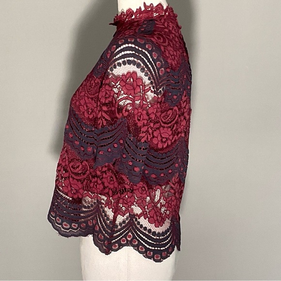 It Girl Burgundy/Navy, Scalloped Lace, Sheer, Lined, Demure, Victorian Blouse - Picture 7 of 16
